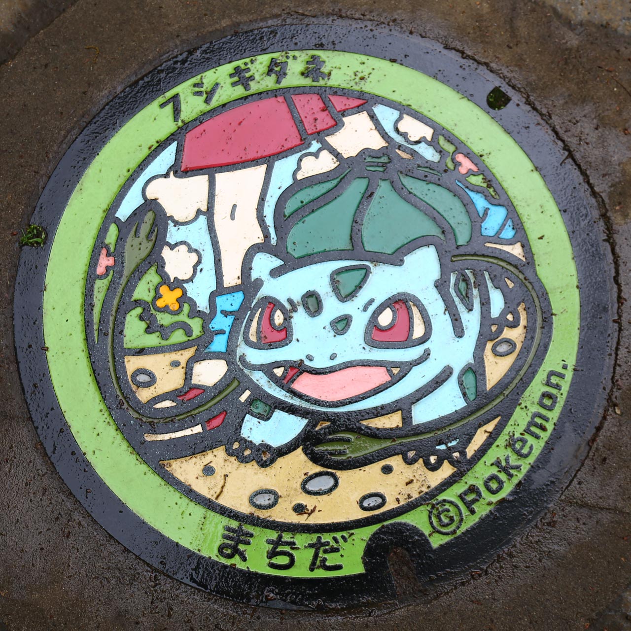 雨上がりで汚れているフシギダネのポケモンマンホール