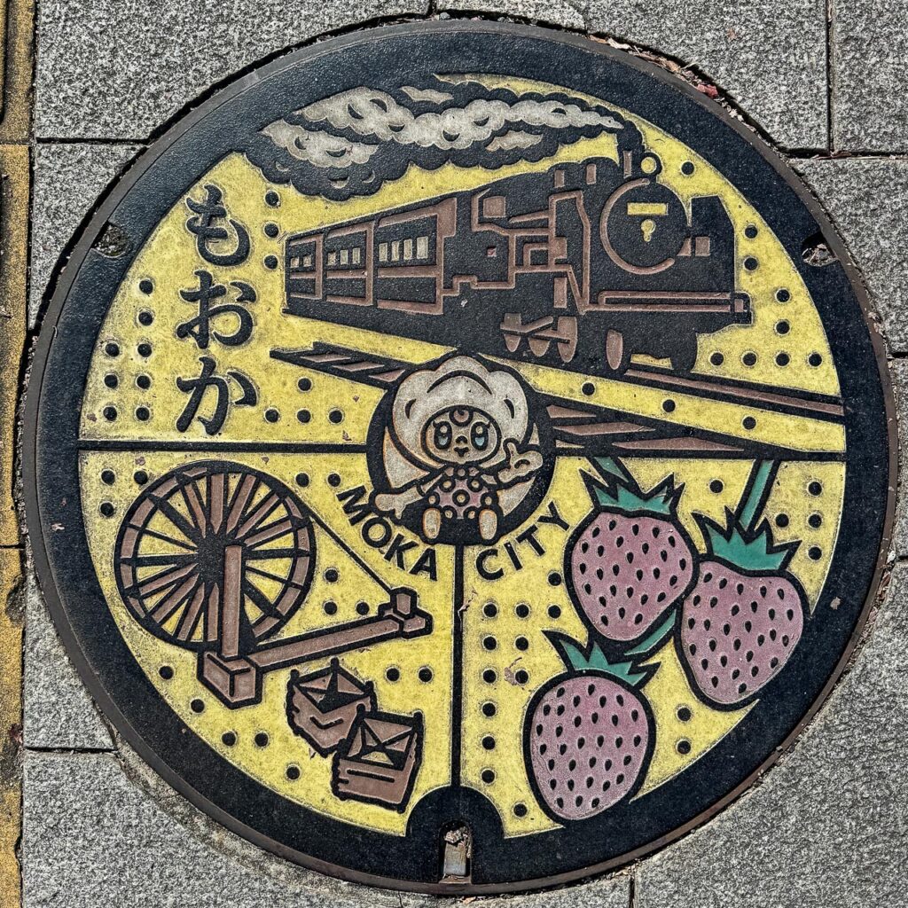 現地で撮影した「日本一のいちごのまち」のデザインマンホール蓋