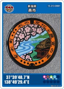 分水町 水の文化と良寛の里がデザインされた新潟県燕市のマンホールカード 15-213-D001